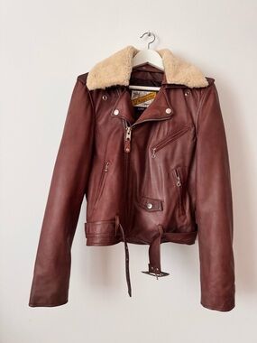 Schott NYC Brown Leather Biker Jacket with Cream Shearling Collar